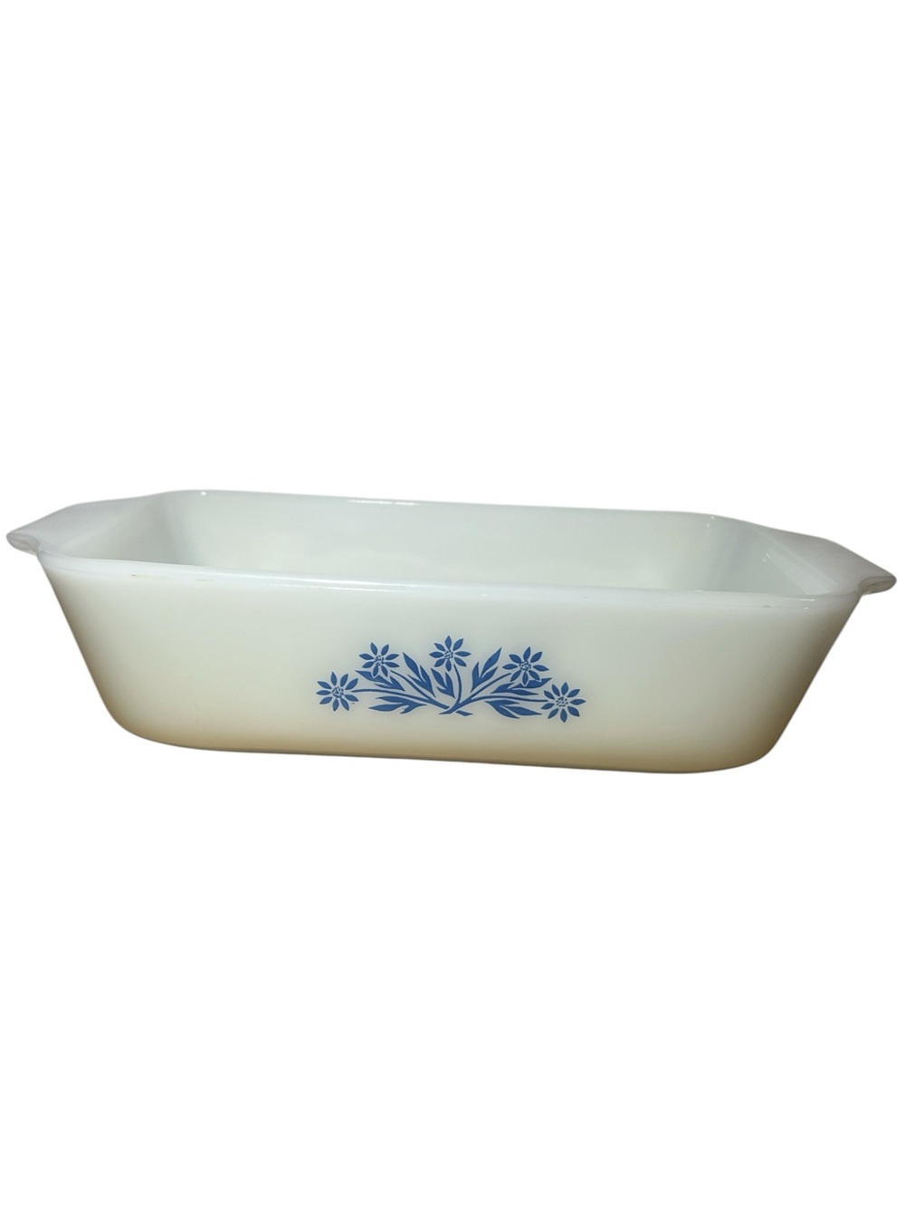 Vintage Anchor Hocking Milk Glass Loaf Baker with Blue Cornflower Design